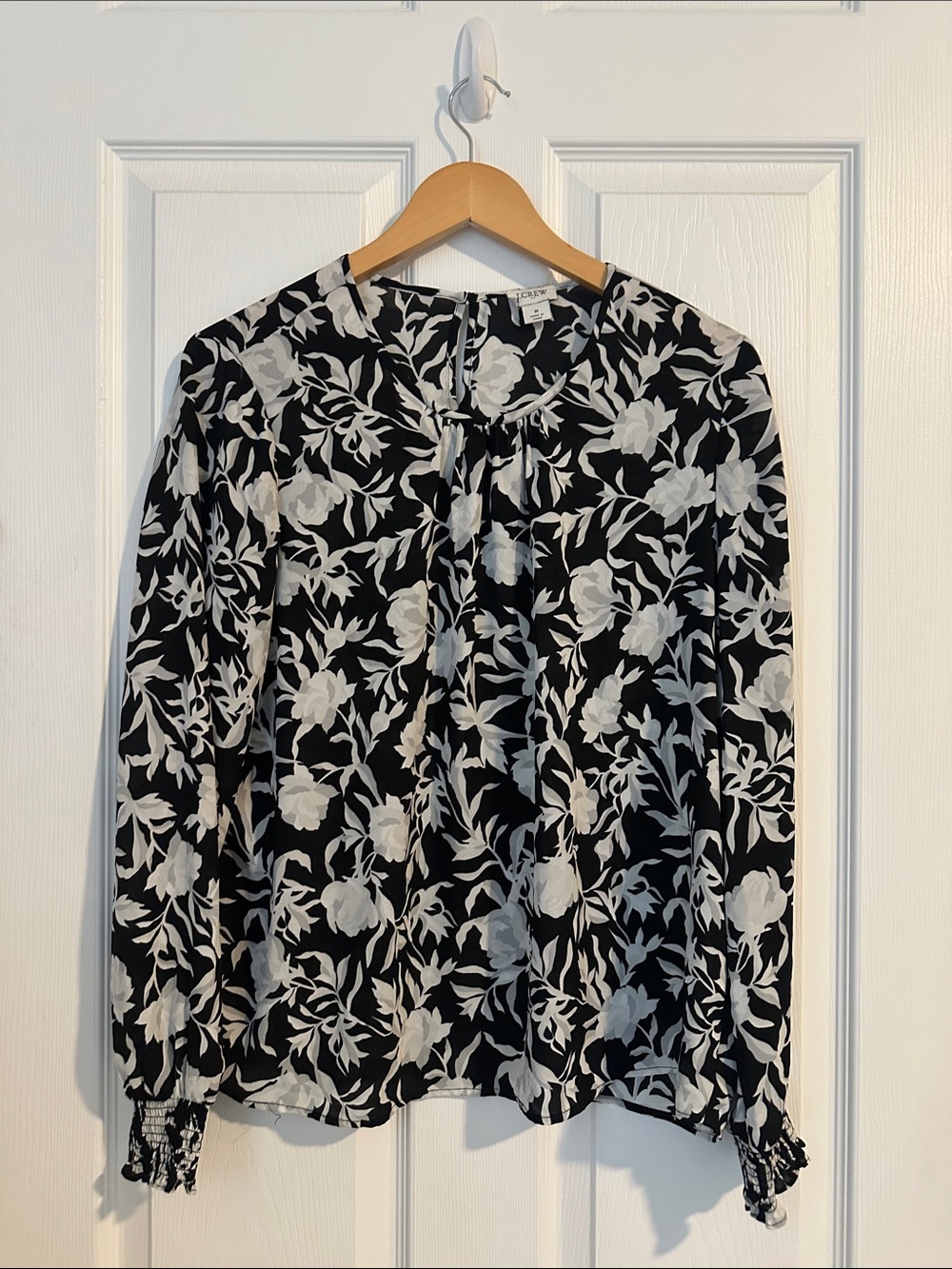 J. Crew Black and White Floral Long-Sleeve Blouse